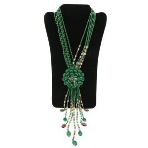New Joan Rivers Starlet Style Beaded Flower Cluster Fringe Jade Green Necklace